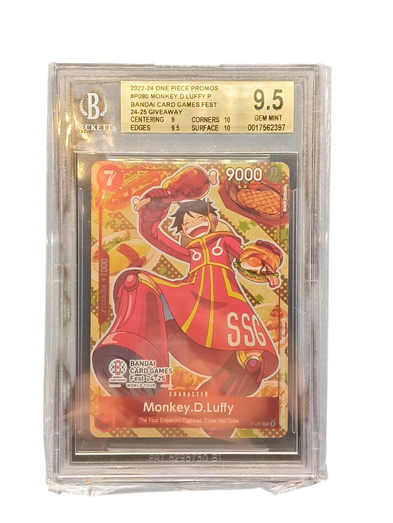 BGS 9.5 Monkey D Luffy P-080 PR Bandai Card Games Fest 24-25 Promo One PieceCard