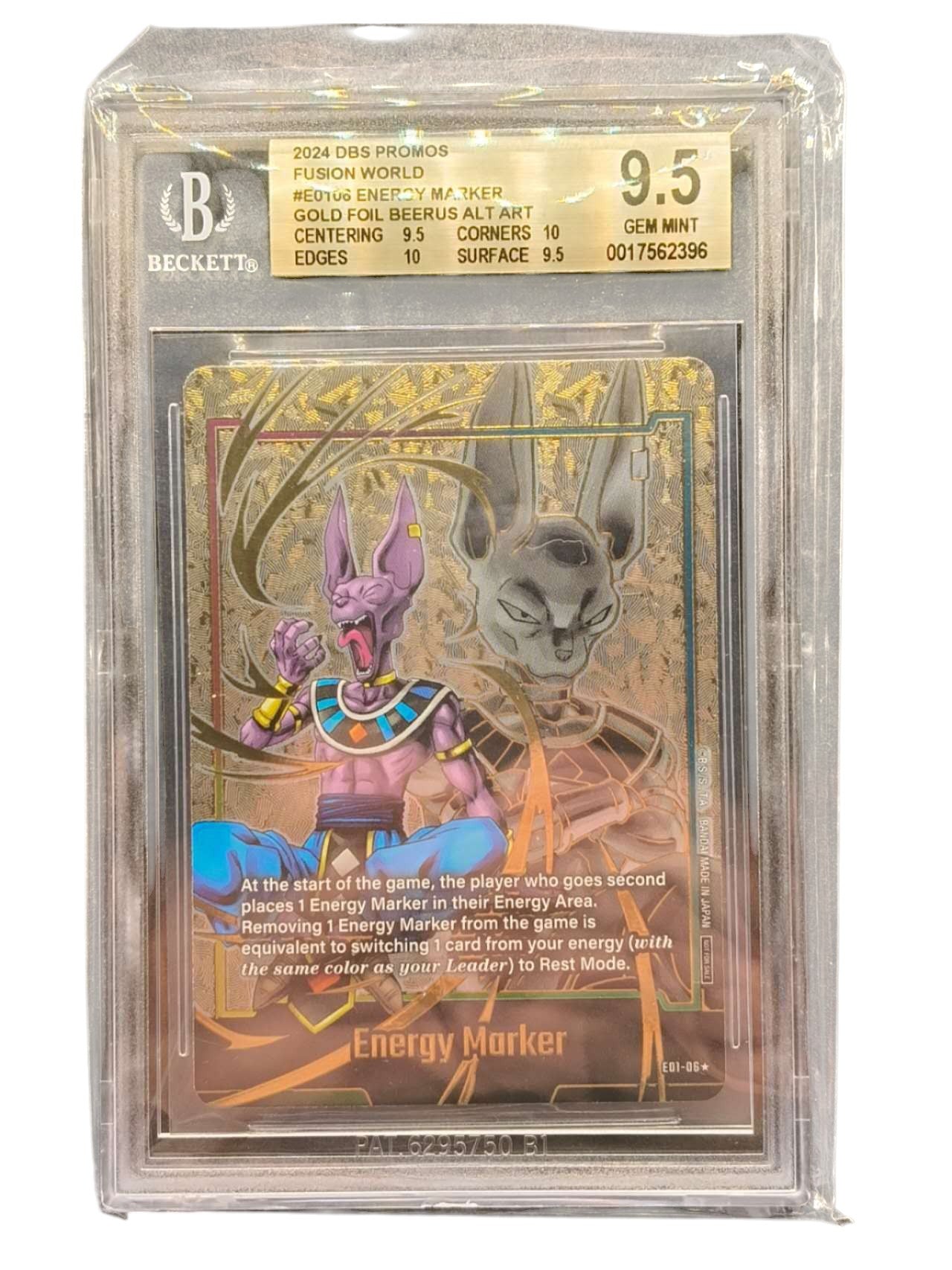 BGS 9.5 Beerus E01-06 Gold Energy Marker Dragon Ball Super Fusion World