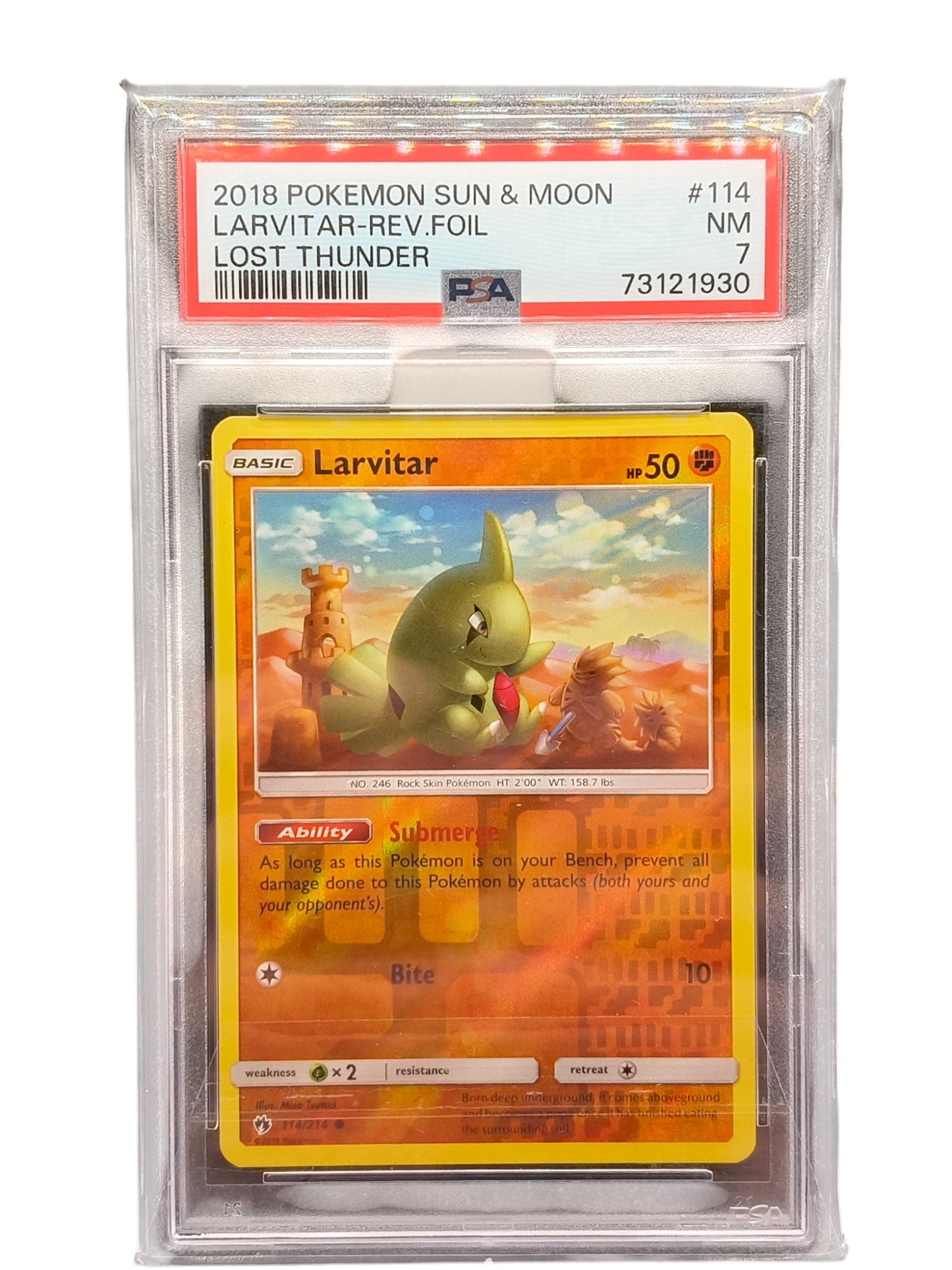 PSA 7 2018 Pokemon Sun & Moon Larvitar-Rev.Foil Lost Thunder 114/214