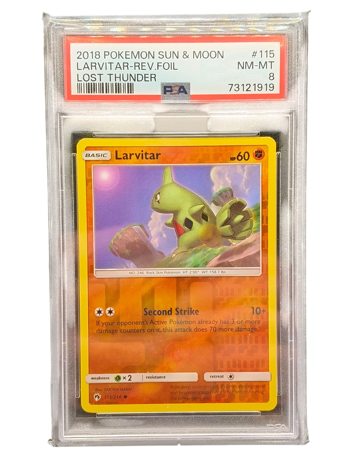 PSA 8 2018 Pokemon Sun & Moon Larvitar Rev.Foil Lost Thunder 115/214