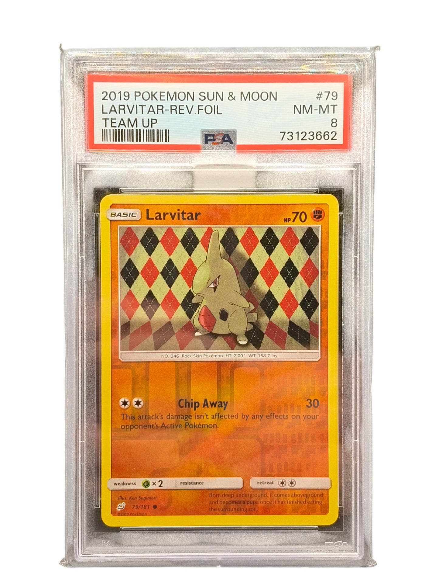 PSA 8 2019 Pokemon Sun & Moon Larvitar-Rev.Foil Team Up 79/181