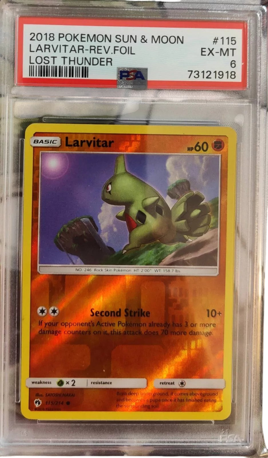 PSA 6 2018 Pokemon Sun & Moon Larvitar Rev.Foil Lost Thunder 115/214