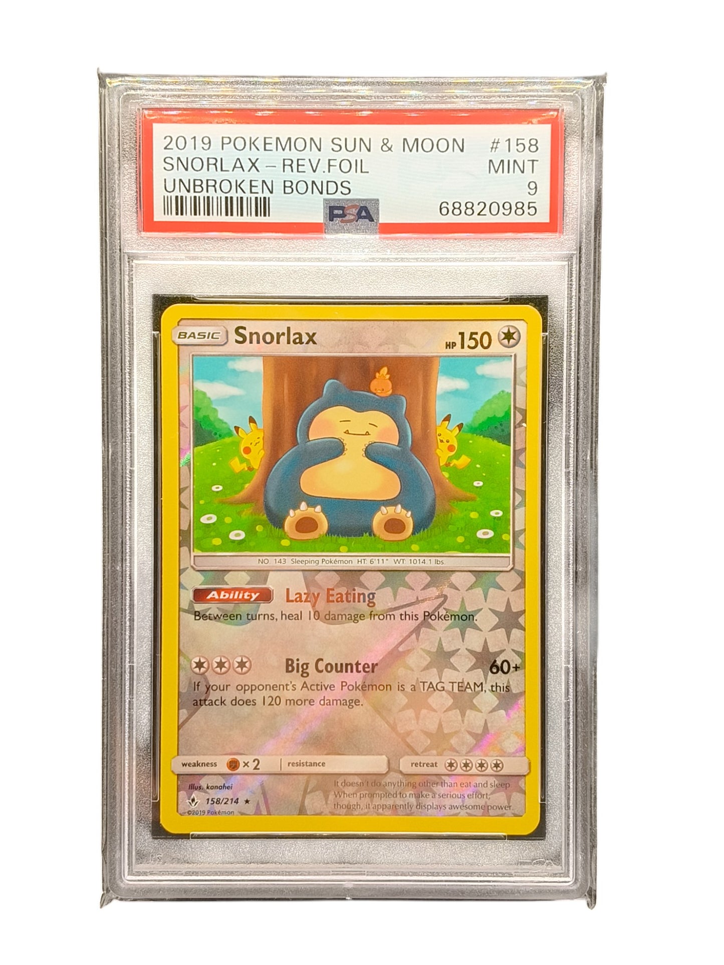 PSA 9 Pokemon Snorlax Reverse Holo #158/214 Unbroken Bonds Sun&Moon Card Pikachu