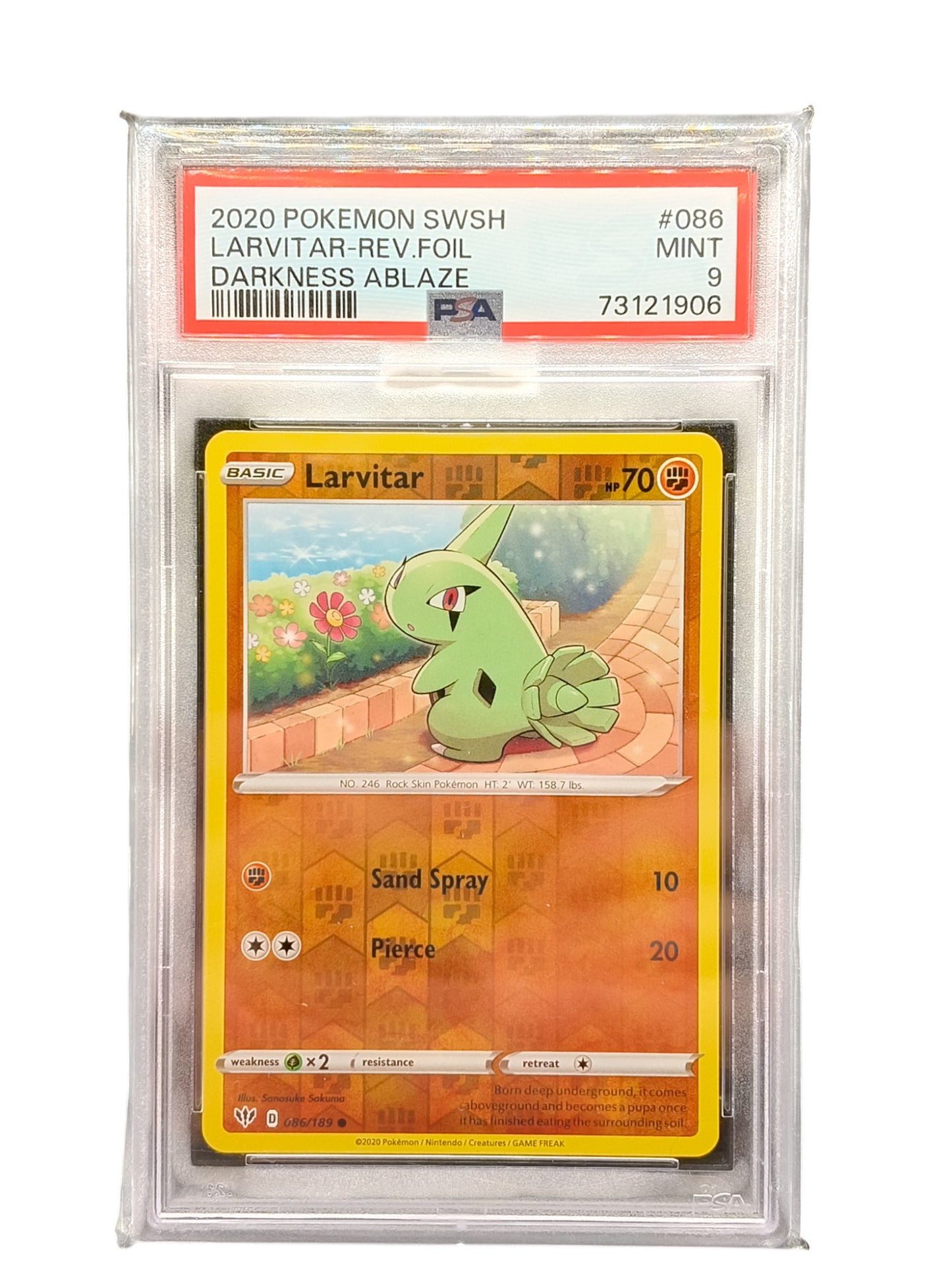 PSA 9 2020 Pokemon SWSH Larvitar-Rev.Foil Darkness Ablaze 086/189