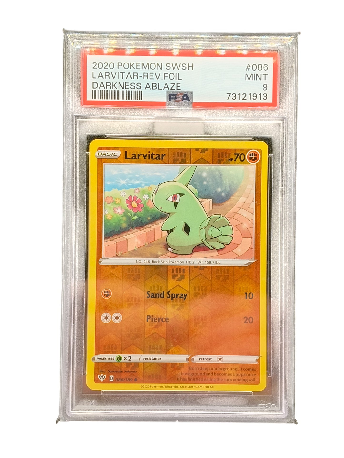 PSA 9 2020 Pokemon SWSH Larvitar-Rev.Foil Darkness Ablaze 086/189
