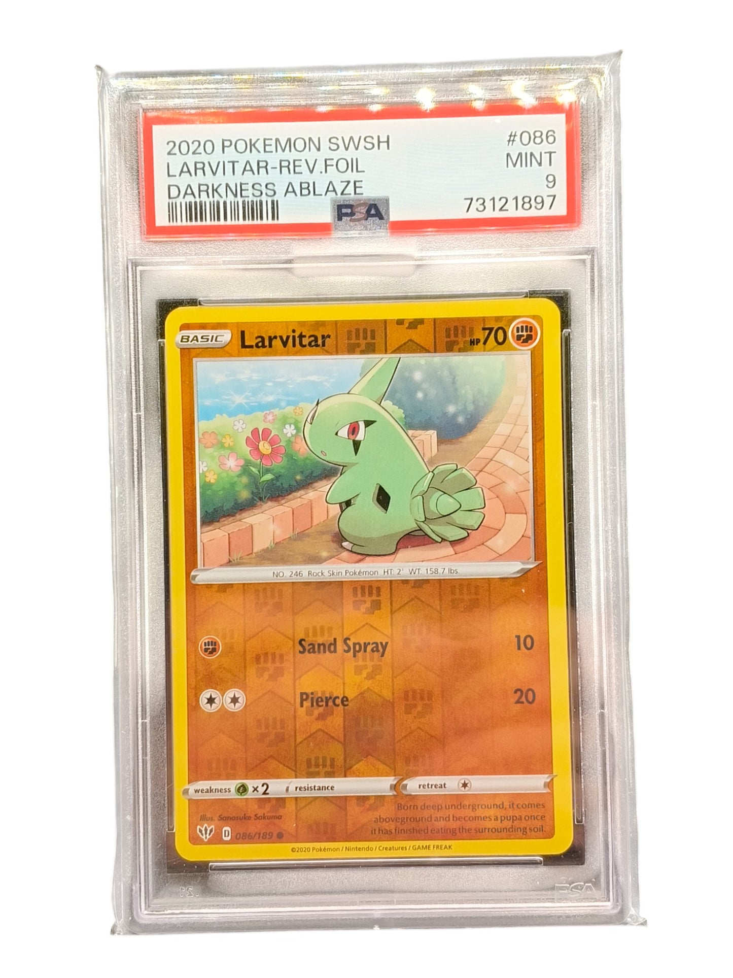 PSA 9 2020 Pokemon SWSH Larvitar-Rev.Foil Darkness Ablaze 086/189