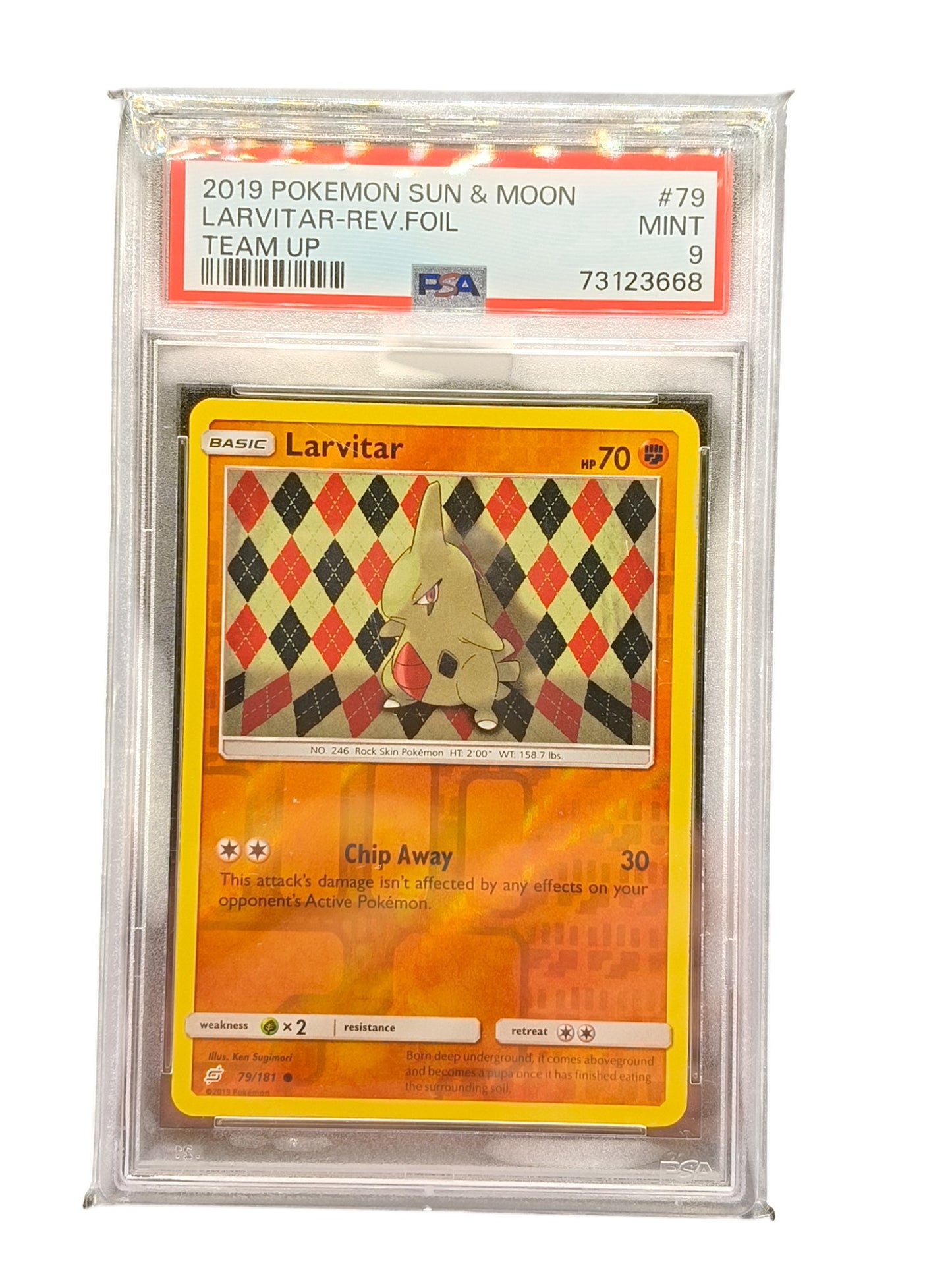 PSA 9 Pokémon TCG Larvitar Sun & Moon - Team Up 79/181 Reverse Foil Holo