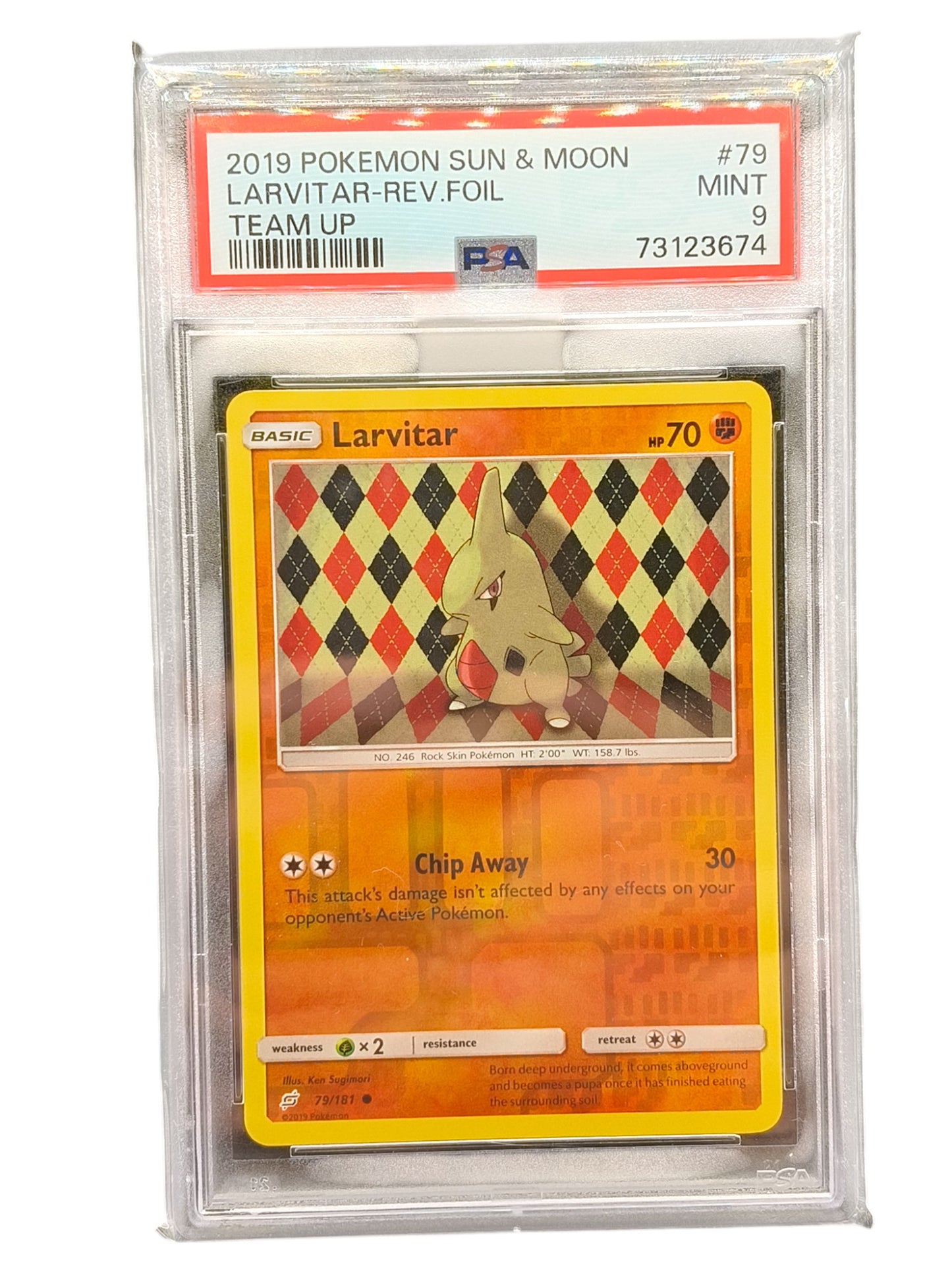 PSA 9 Pokémon TCG Larvitar Sun & Moon - Team Up 79/181 Reverse Foil Holo