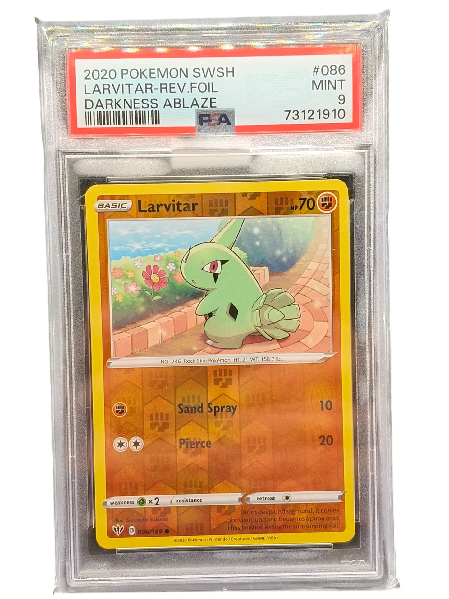 PSA 9 2020 Pokemon SWSH Larvitar-Rev.Foil Darkness Ablaze 086/189